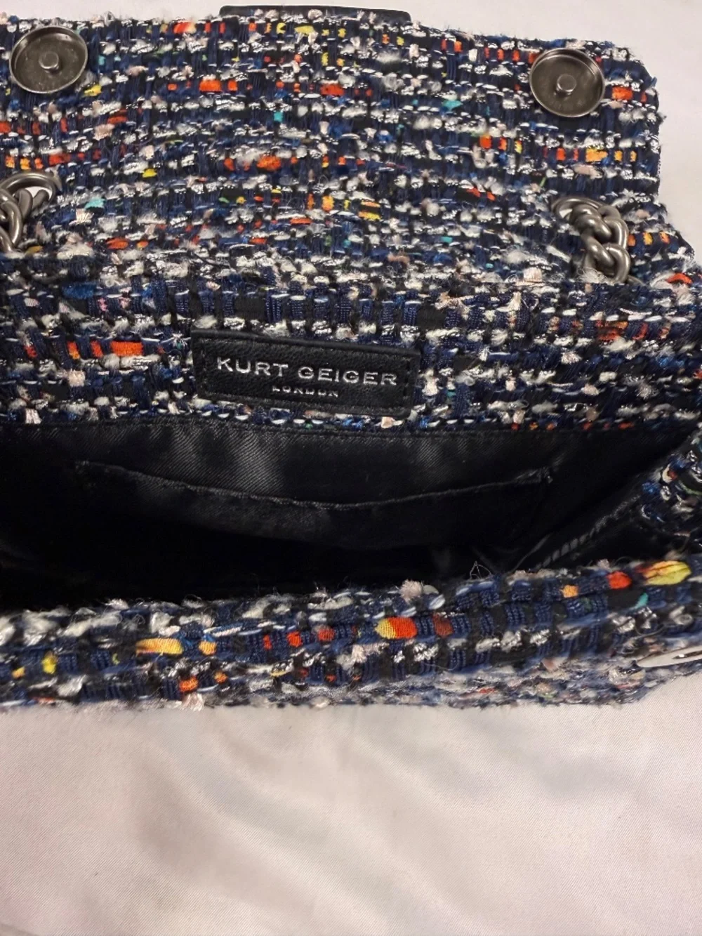 Kurt Geiger London Kensington Blue Multicolor Tweed Eagle Chain Bag
